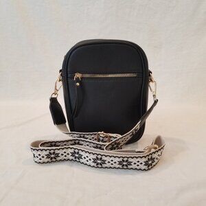 NWOT! Bostanten Black Faux Leather Crossbody Shoulder Bag w/Embroidered Strap
